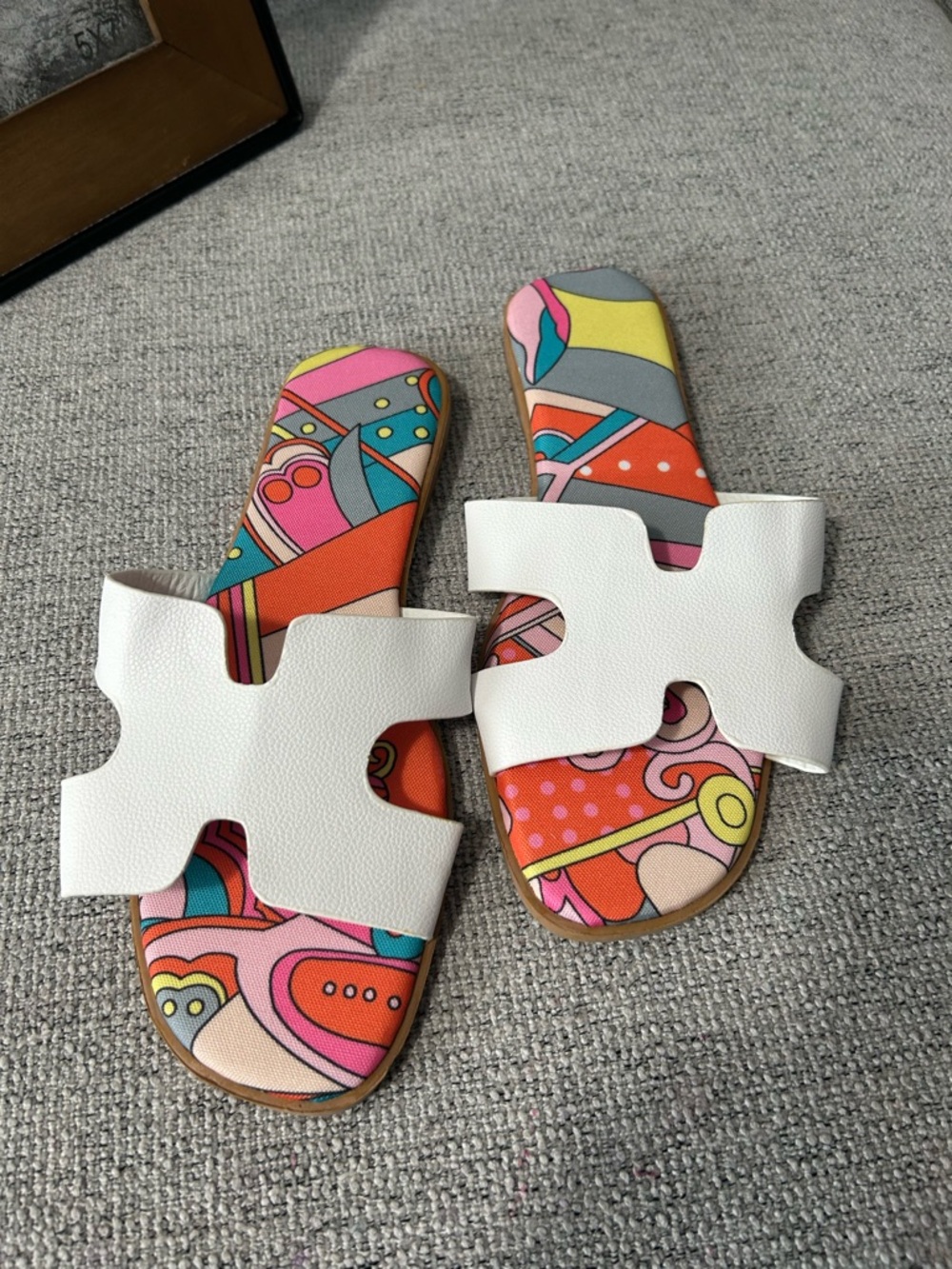 White Strap Women's Slide Sandals with Colorful Printed Insole